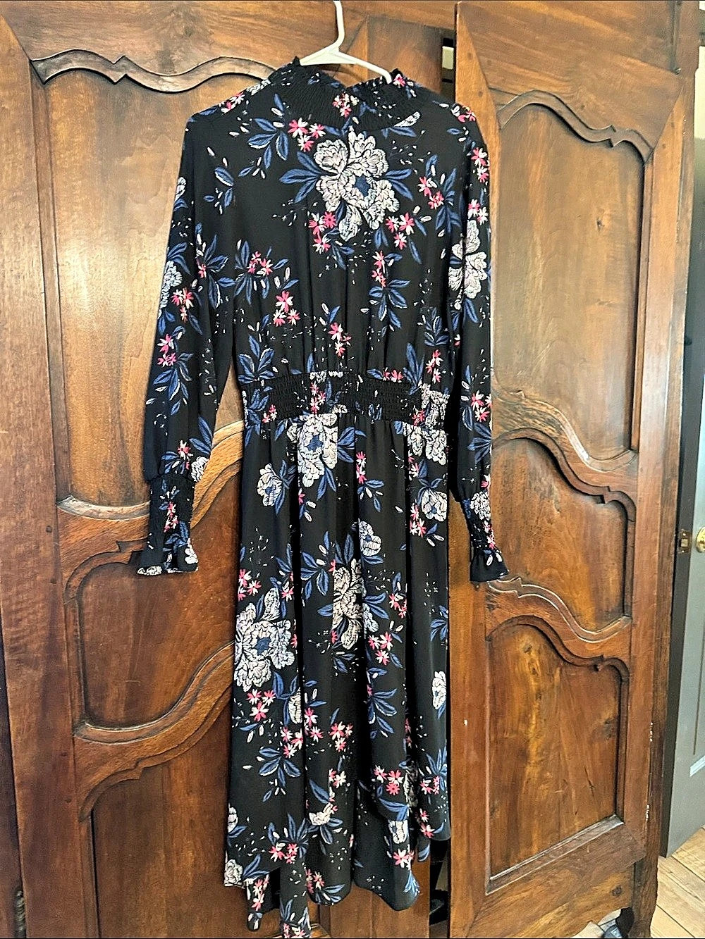 Nanette Black Floral Smocked Waist Long Sleeve Midi Dress